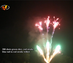 288 Shots Display Cake, Green Chry. Red Strobe Blue Tail To Red Strobe Willow, 288 Shots Big Cake, Professional Fireworks, Display Fireworks Manufacturer